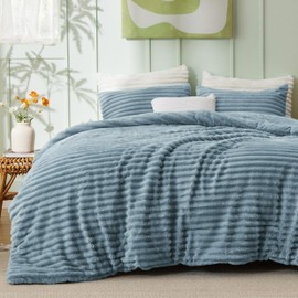 Bedsure Fluffy Comforter Set Full Size - Super Soft Faux Fur Bed Set Mineral Blue, All Seasons Warm Plush Fleece Bedding, 3 Pieces, 1 Shaggy Fuzzy Full Size Comforter with 2 Pillowcases