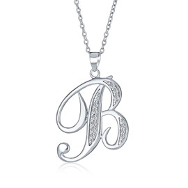 ABC Cubic Zirconia Pave CZ Cursive Script Letter Alphabet Initial B Pendant Necklace For Women Sterling Silver