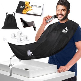 AZIVERSE Beard Bib Apron - Hair Catcher For Men Shaving & Trimming - Grooming Apron Bib with 4 Suction Cups - 1 Size Fits All - Beard comb (Black)