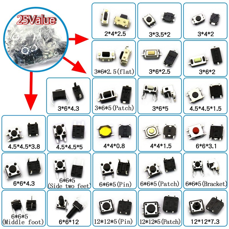 DaFuRui 250pcs 25 Values Tactile Push Button Switch SMD Micro