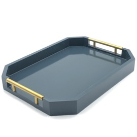 Serving Tray with Polished Metal Handles, Hexagon Coffee Table Tray, Modern Rectangle Decorative Tray, Large Ottoman Tray, Perfect for Storage and Display (Blue Rectangle)