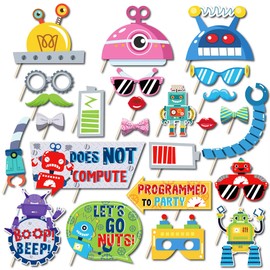 Kristin Paradise 25Pcs Robot Photo Booth Props with Stick, Birthday Theme Selfie Props, Robotics Party Supplies, Kids Photography Backdrop Decorations