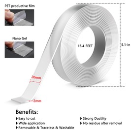 16.4FT X 1Roll Nano Double Sided Tape Heavy Duty, Multipurpose Traceless Mounting Tape Adhesive Strips, Strong Sticky Wall Tape Transparent Gel Grip Tape, Poster Carpet Tape for Walls Home Office