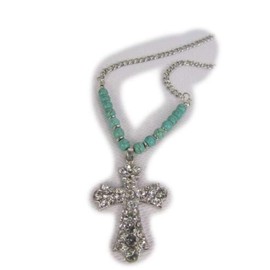 TFJ Women Western Fashion Long Necklace Silver Metal Chains Rhinestones Big Cross Turquoise Blue Beads