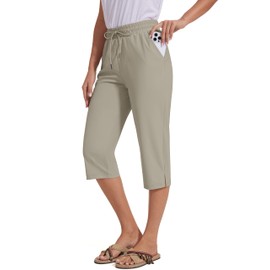 Cagola 18" Swim Pants for Women Summer Capris Modest UPF50+ Beach Pant Knee Length Long Swim Bottoms Built-in Brief Quick Dry Lightweight L Light Khaki