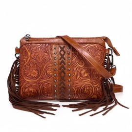 Jormino Vintage Fringe Tassel Purses for Women Boho Wallets, Western Floral Leather Crossbody Bags with Adjustable Shoulder Strap Brown