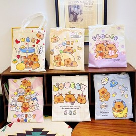 Women's Capybara Canvas Eco-Tote Bag (Large Capacity, Shoulder Bag) - Student/Everyday Use One Size/Large Capybara - Three Cute Capybaras (35x40cm) 10ea