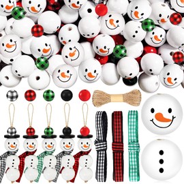205 Pieces Christmas Snowman Wooden Beads Craft Project Natural Polished Wood Bead with Twine, Winter Christmas Tree Hanging Ornaments, Rustic DIY Garland Decoration for Home (Snowman)