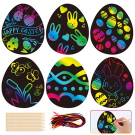 Easter Scratch Art Egg Decorations Papers 30 Pcs - Easter Crafts Egg Rainbow Magic Scratch Painting for Kids, Essentials Easter Party Bag Fillers with 10 Wood Stylus & 30 Ribbons for Party Decoration