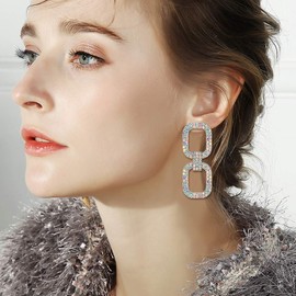 Flyonce Rhinestone Statement Drop Earrings, 7 Colors Crystals Modern Link Rectangle Geometric Dangle Earrings Clear AB Silver-Tone