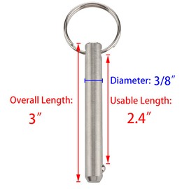 2 Pack Long Quick Release Pin, Diameter 3/8"(9.5mm), Usable Length 2.4"(61mm), Overall Length 3"(76mm), Full 316 Stainless Steel, Bimini Top Pin, Marine Hardware
