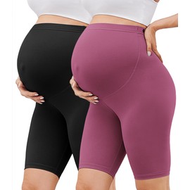BONVIGOR Buttercloud Maternity Shorts Over The Belly-8" Pregnancy Biker Shorts Women Lounge Yoga Pants Black/Dark Pink
