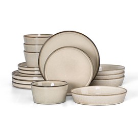 Herogo Dinnerware Sets with Pasta Bowls, 16 Piece Plates and Bowls Set for 4, Modern Stoneware Dinner Dishes for Kitchen Dinning, Dishwasher & Microwave Safe, Cream Khaki