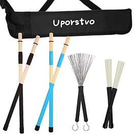 4Pairs Drum Brush Kit,Cahon Metal Wire Brushes,Jazz Nylon Brushes,Percussion Bamboo Tie Rods,Birch Multi-Rod Bundle Sticks,with black Drumstick Bag,hold up to 4Pairs of Drumsticks
