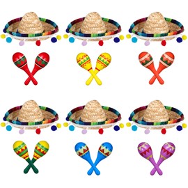 Honoson 12 Pcs Wooden Fiesta Maracas 6 Pcs Mini Sombrero Top Hat for Kids Festival Mexican Party Decorations (Fresh Style)