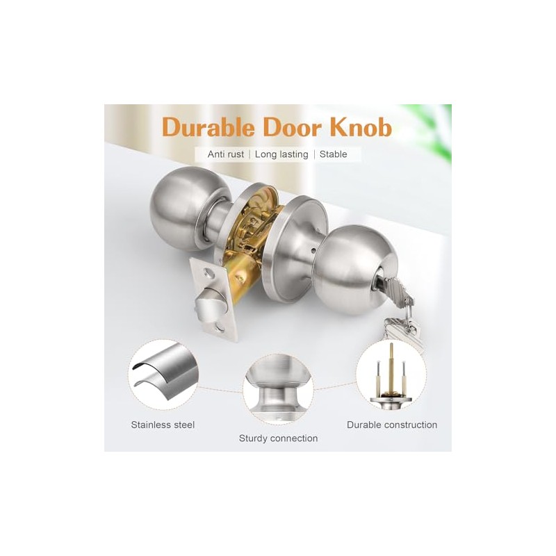 Probrico Brushed Nickel One Keyway Ball Door Knobs Entry Lock