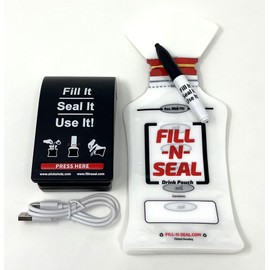 Fill-N-Seal - Heat Sealed Drink Pouch Kit w/USB Recharegable Heat Sealer, Easy Fill Design, Concealable, Disposable, Re-Sealable, Leak Proof, BPA Free Plastic