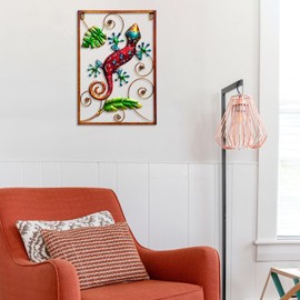 Tuokiuhn Metal gecko Wall Art with Frame Lizard Art Wall Decor 3D Metal Wall Sculpture for Living Room Bedroom Bathroom Study Room Home Gifts