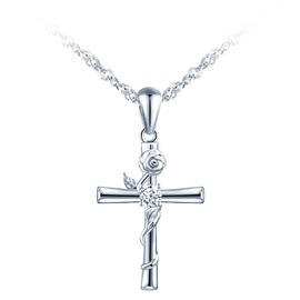 MicLee Women's 925 Sterling Silver Cubic Zirconia Necklace Fashion Cross Rose Pendant Chain with Gift Bag Super Gift for Couples Mother Daughter, Sterling Silver, Cubic Zirconia