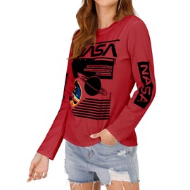 Women Long Sleeve Graphic Shirts NASA Letter Print Crew Neck Tee Tops Blouse Sweatshirts Red