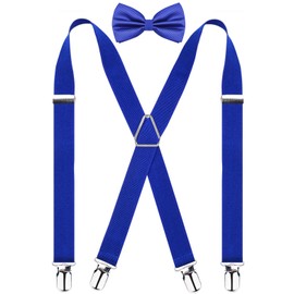Men's X Back Suspender and Bow Tie Set Elastic Adjustable Braces, Royal Blue