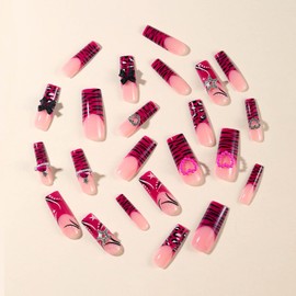 RTKHFZE Square Press on Nails Long Fake Nails Rose Red French Tip Glue on Nails with 3D Bow Acrylic Nails Press ons Star Y2k False Nails for Women Manicure Stick on Nails