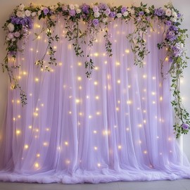HOLITS Tulle Curtain Backdrop with 300 LED Fairy Lights for Parites Wrinkle-Free Sheer Curtain Drapes Photo Back Drop for Wedding Baby Shower Bridal Shower Birthday Home Décor - 10ft×10ft, Lavender
