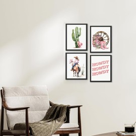 GMLXCX Western Cowgirl Canvas Wall Art, Watercolor Pink Cowboy Hat Cactus Desert Wall Art Prints for Cowgirl Nursery Kids Room Girls Room Dorm Decor Set of 4 (8" x 10", Unframed)