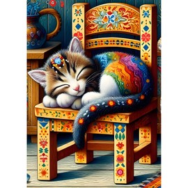 DPHERO Sleeping Cat Diamond Painting Kits for Beginners Adults,5D DIY Kitten Diamond Art Kits,Round Full Drill Cat on stool Diamond Painting Art,DIY Painting by Numbers Diamond Art Painting 12x16 inch