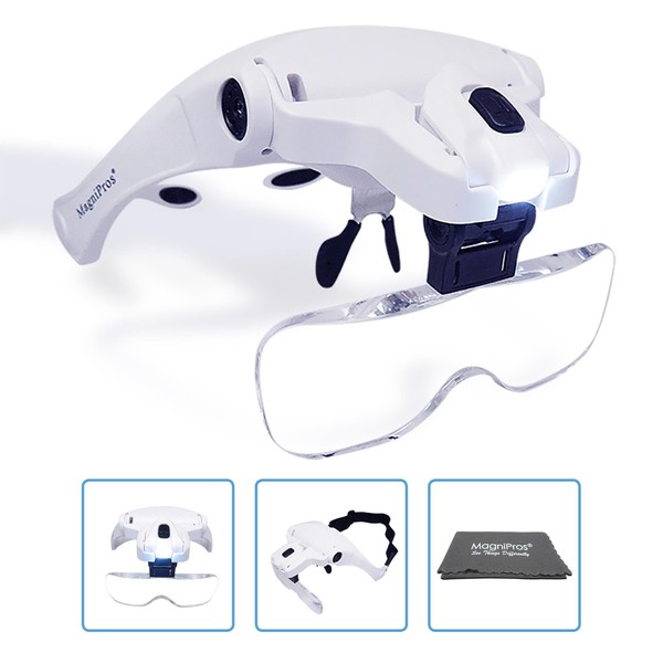 MagniPros LED Illuminated Headband Magnifier Visor with Bonus Cleaning Cloth and 5 Detachable Lenses 1X, 1.5X, 2X, 2.5X 3.5X - (Upgraded Version) Hands-Free Head Worn Lighted Magnifying Glass