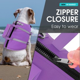 Queenmore Large Dog Life Vest For Swimming, XL Dog Life Jacket, Doggie Life Vest For Swimming Large Breed, Pet Lifesaver For Boating With Rescue Handle, Zipper, Pet Floating Vest For Pool (Purple, XL)