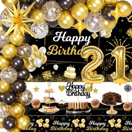 Miidenks 21st Birthday Decorations for Men, 21 Birthday Decorations Include Black and Gold Backdrop Banner, Tablecloth, Gold 21 Number Balloons, Explosion Star Balloons