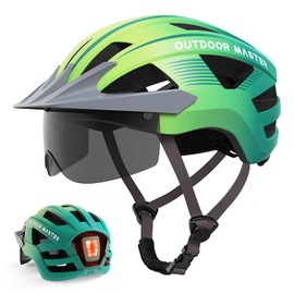 OutdoorMaster Helmets for Adults - Mountain & Road Bike Helmet with Rechargeable LED Light, Detachable Goggles and Sun Visor - Easy to Adjust, Breathable, Lightweight - Gradient Yellow Green, Medium