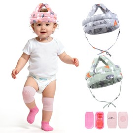 YUJWW Casco para Bebé 3 Piezas - Casco + Calcetín + Rodilleras Antigolpes | Ajustable 6-24 Meses | Suave Respirable | Protege Caídas en Hogar (Aprendiendo a Caminar)