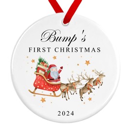 Bump's First Christmas Bauble | Santa Sleigh Reindeers Ceramic Decoration | Bump 1st Christmas Ornament (Red Ribbon, Design 1)