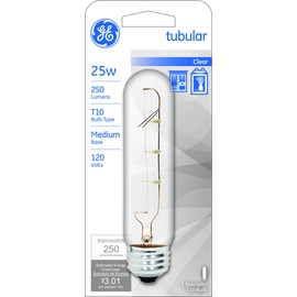 GE Lighting Incandescent Appliance Light Bulb, T10 Tubular Light Bulb, 25-Watt, 250 Lumen, Medium Base, Warm White, 1-Pack, Indicator Light Bulb, Light Bulbs for Appliances,Clear,1 Count (Pack of 1),45144