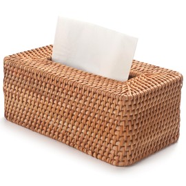 Rattan Tissue Box Cover, Rectanglar Hand Woven Wicker Tissue Holder, Boho Decorative Woven Facial Tissue Holder on Table and Bathroom, 26 * 15.5 * 10.5cm, Natural