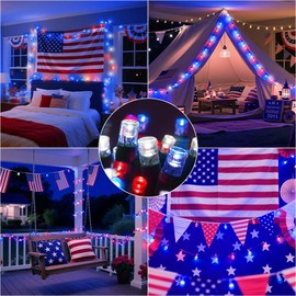 LAMPHOME 33ft Patriotic String Lights - Red White Blue Mini Lights, 100 LED Green Wire Fairy Starry String Lights Plug in, 11 Modes for Independence Day Celebration Party Memorial Day Decor