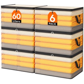 Lifewit 6 Pack Plastic Clothes Storage Bags, 60L Foldable Storage Containers Closet Organizers and Storage Moving Bags with Sturdy Zipper Lids Reinforced Handle for Bedding, Blanket, Comforter