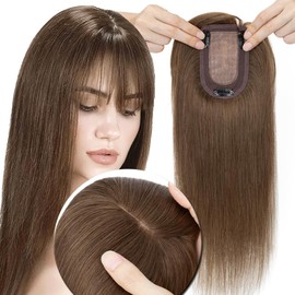 MY-LADY Hair Topper for Women Human Hair for Thinning Hair Loss 7 * 13CM Silk Base 150% Density Real Remy Hair with Bangs Clip in Hair Pieces Straight Hairpiece 18 Inch Medium Brown