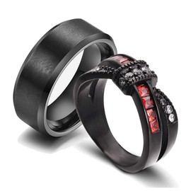 Gy Jewelry Two Rings His and Hers Wedding Ring Sets Couples Rings Women's Black Gold Filled Red Agate Cubic Zirconia Wedding Engagement Ring Bridal Sets & Men's Stainless Steel Wedding Band