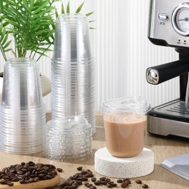 Ziliny 50 Sets 12 oz Clear Plastic Cups with Strawless Sip Lids, Thickened Clear Disposable Plastic PET Crystal Cups for Iced Coffee, Smoothie, Cold Beverage, Drink Shops and Party Catering