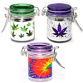 Airtight Glass Mini Storage Jar Set of 3 - Green Leaf, Tie Dye, and Purple Leaf Galaxy Metallic Silver Designs, 1.5oz, 2.5 Inches