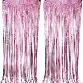 CYBERNOVA 2 Pack Fringe Curtain Backdrop, 3.2Ft x 6.6Ft Metallic Tinsel Foil Fringe Streamers Curtains Background for Wedding Birthday Anniversary Graduation Party Decoration (Pink)