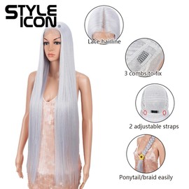 Style Icon Super Long Straight Lace Front Wig for Women 38 Inch Long Straight Hair T Part Wig Pre Plucked with Baby Hair Synthetic Heat Resistant Fiber (THISTLE)