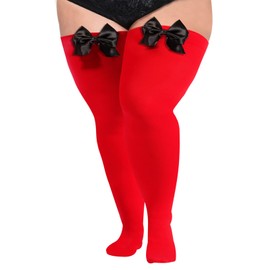 Moon Wood Women Plus Size Bow Thigh Highs Stockings Opaque Over the Knee Socks for Valentine's Day Dress Daily Favors (Red)