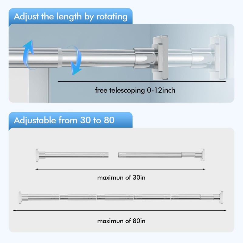 CorkLatta Chrome Shower Curtain Rod Spring Tension 30 to 80