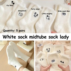 Canzoon Fluffy Cuddly Socks 5 Pairs Winter Socks Women's Plush Socks Soft Bed Socks Fluffy Cuddly Socks Christmas Interesting Cute Gift for Women, White