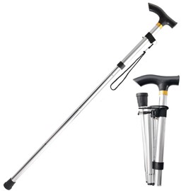 Folding Cane, Foldable, Stylish, Lightweight, Stretchable, 2 Colors, 5 Adjustments, Minimum 33.5 - 37.4 inches (85 - 95 cm), When Folded, 10.6 inches (27 cm), For Men and Women (Silver)