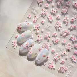 5D Embossed Nail Stickers for Nail Art Designs Cherry Blossoms Nail Decals Spring Summer Manicure Sliders Self-Adhesive Floral Supplies Pink Flower Nail Art Stickers for Nail Decoration (Pink)